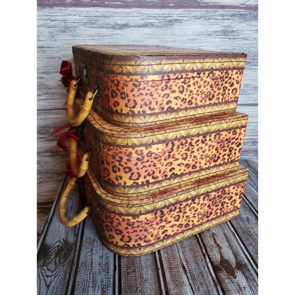 Decorative Travel Chest Paperboard Boxes Set of 3 Small Travel Antique Suitcases - Picture 3 of 6